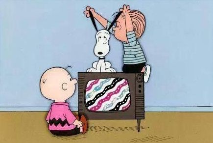 Snoopy, Linus, and Charlie Brown trying to watch TV